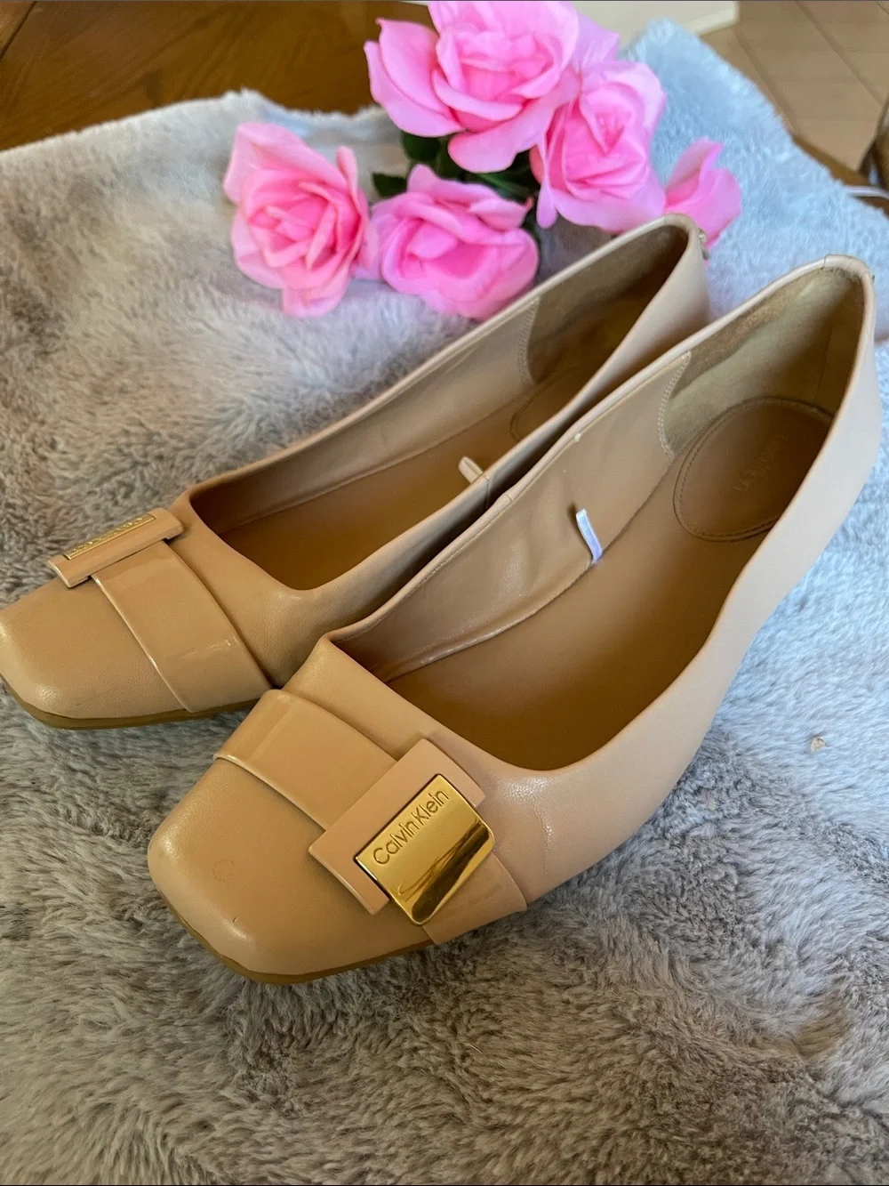 Calvin Klein Beige Patent Leather Ballet Flats with Gold Logo Accent